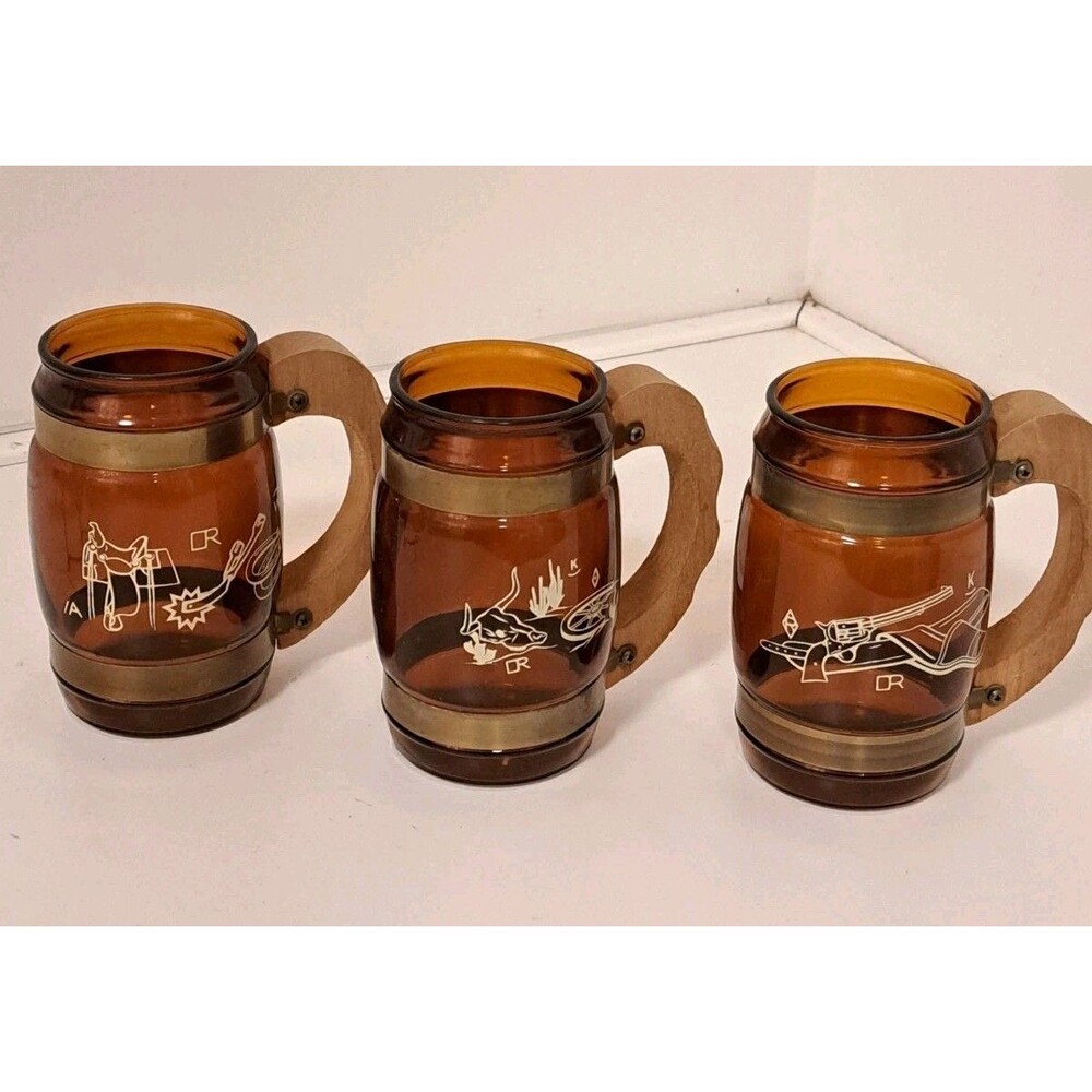 Vintage Siesta Ware Amber Bar Mugs With Wooden Handle Set Of Three